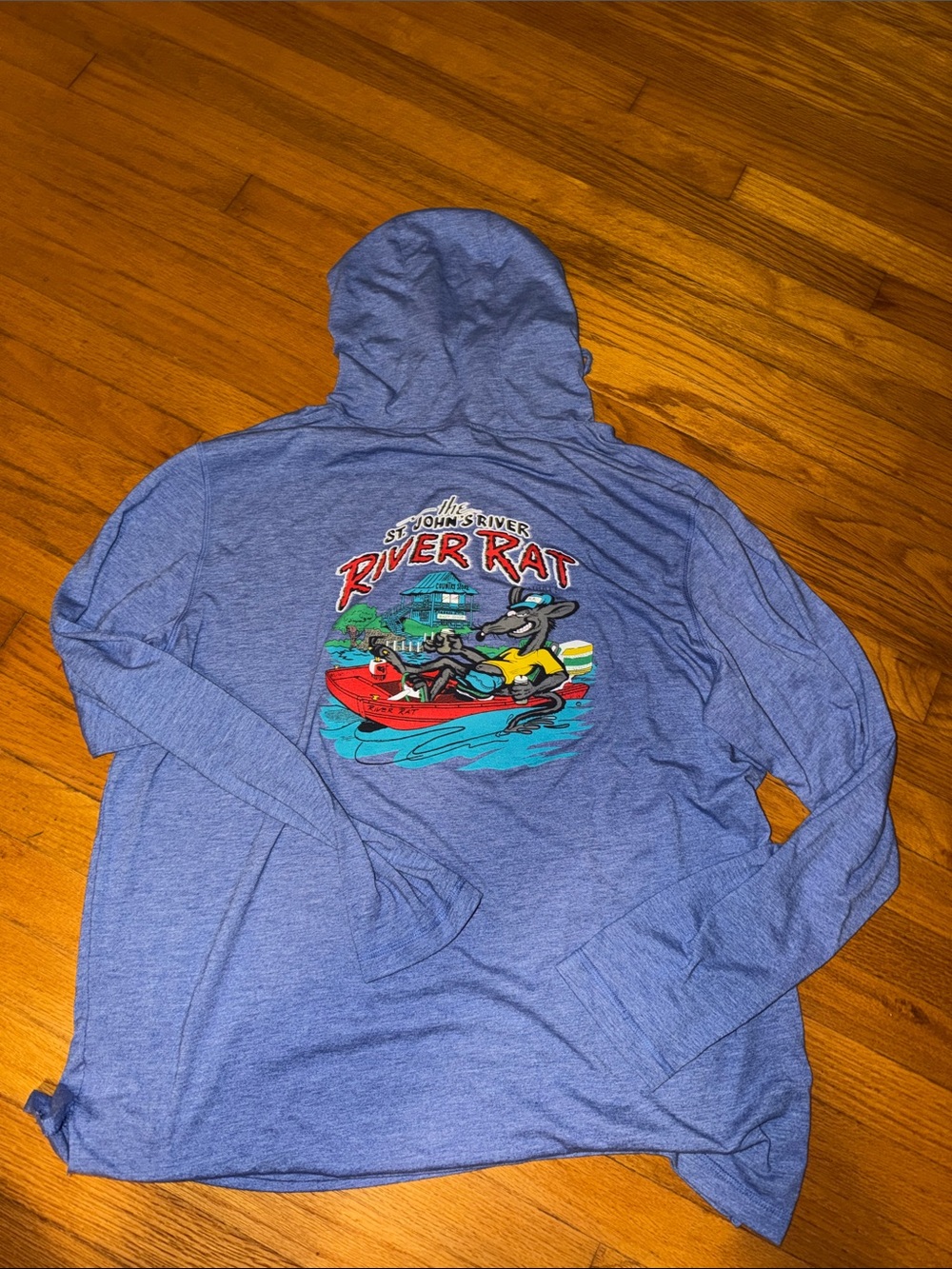 Men's Blue Long-Sleeve Swim Hoodie - River Rat Graphic size 2XL like new